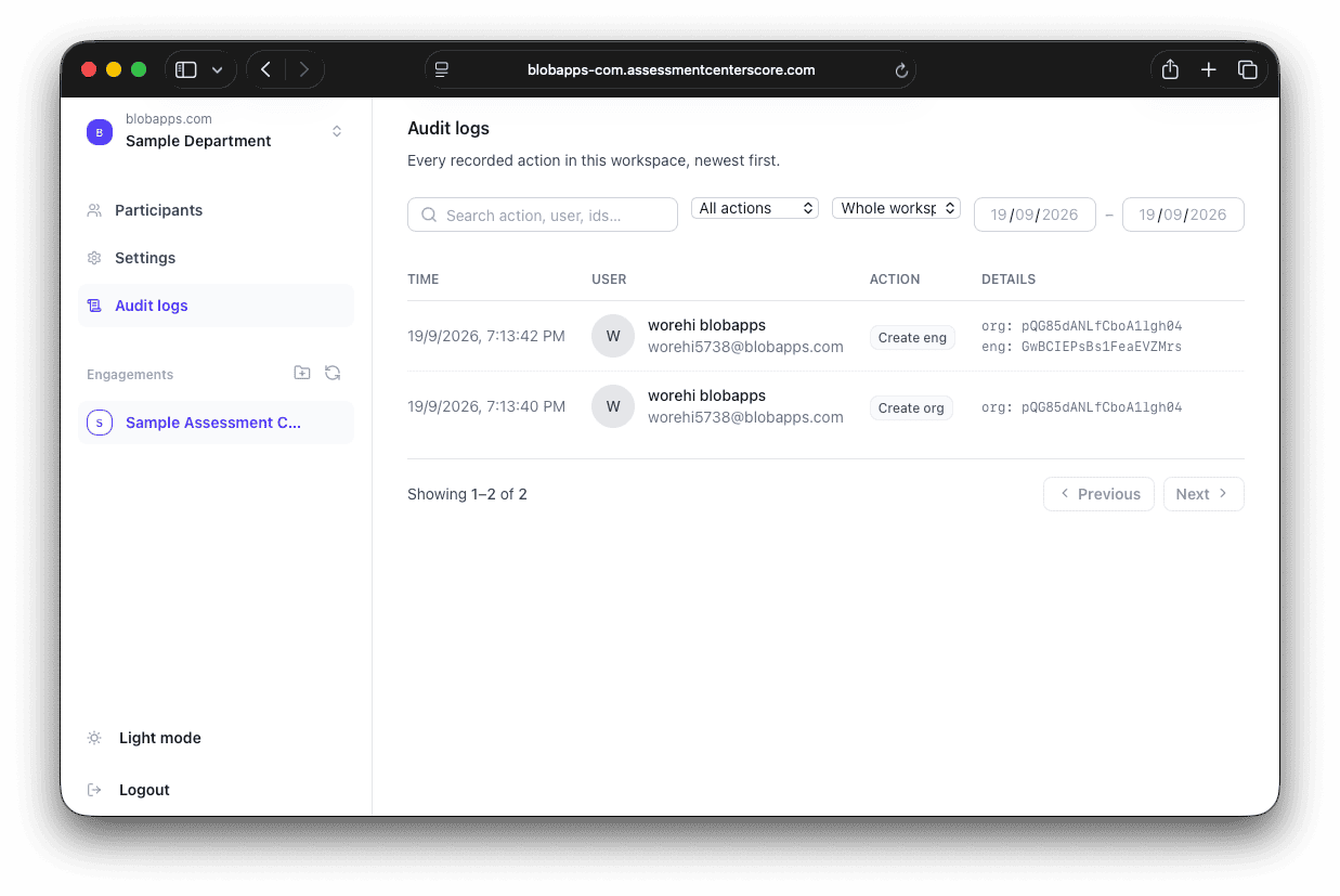 Audit log screen listing every recorded action in the workspace, newest first