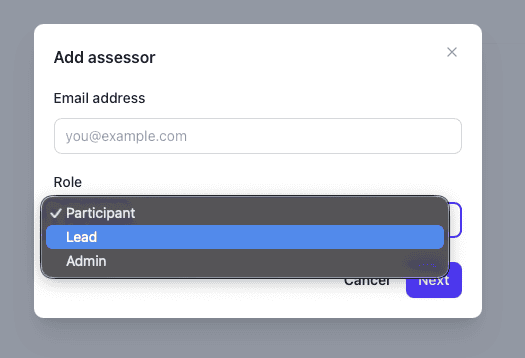 Add assessor dialog with role selection